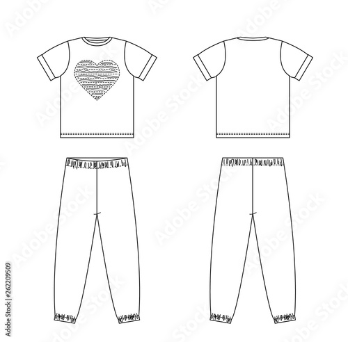 Technical drawing of children's fashion. Children's pajamas with heart