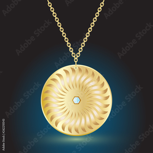 gold pendant jewelry on dark background with backlight.