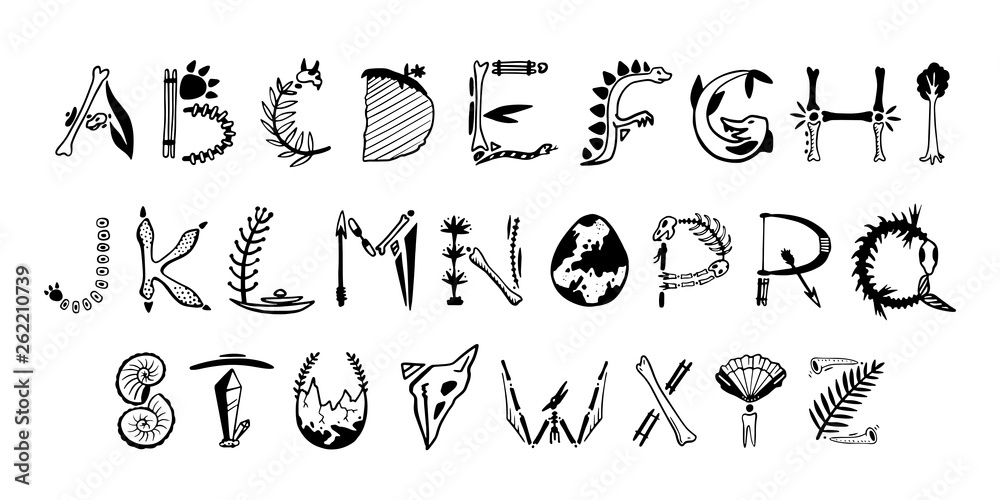 hand drawn art font. Cute paleontology letters hand drawn art font. Cute paleontology letters