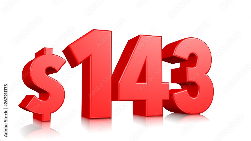 143$ One hundred forty three price symbol. red text 3d render with dollar sign on white background 143$ One hundred forty three price symbol. red text 3d render with dollar sign on white background