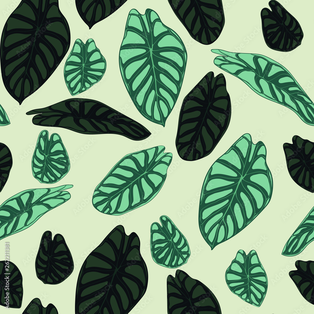 Seamless Tropical Pattern. Trendy Background with Rain Forest Plants. Vector Leaf of Alocasia. Green Araceae. Handwritten Jungle Foliage in Watercolor Style. Seamless Exotic Pattern for Tile, Fabric.