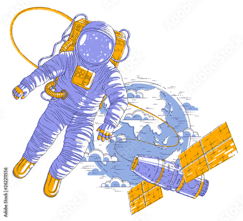 Spaceman flying in open space connected to space station and earth planet in background, astronaut man or woman in spacesuit floating in weightlessness and iss spacecraft behind him. Vector.