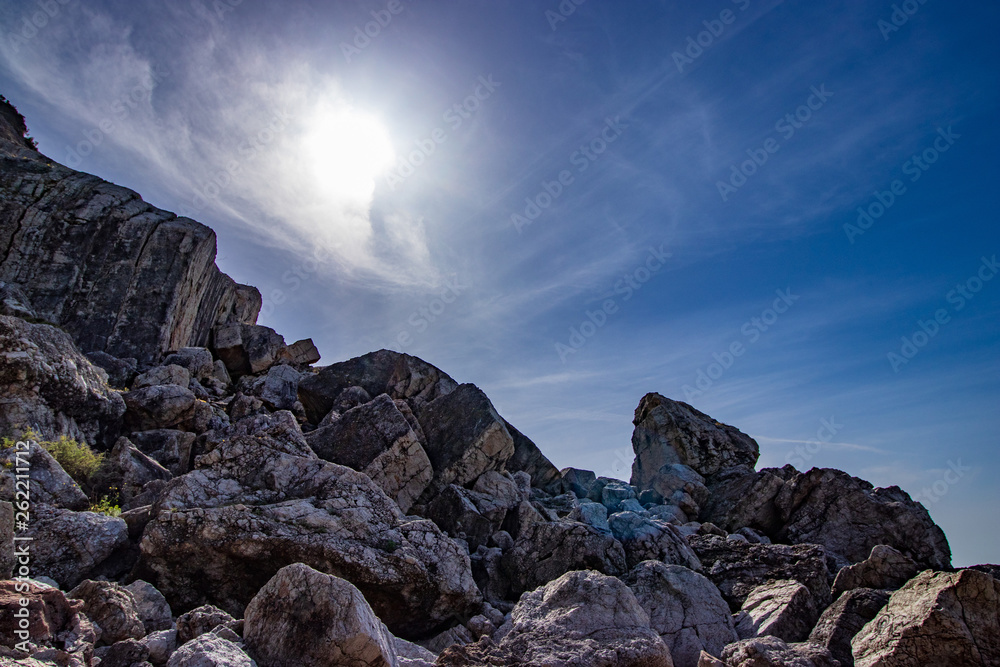 blue sky with rocks below