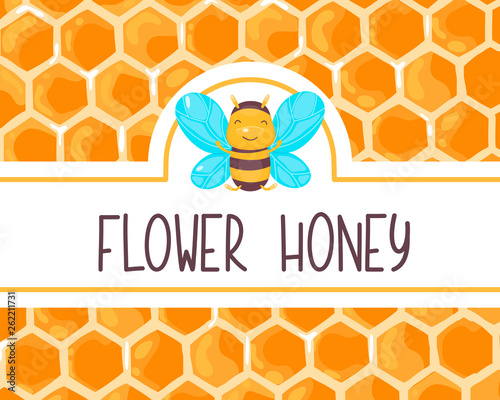 Cute honey label with happy smiling bee for food jar. Honeycomb banner. Vector cartoon flat illustration. 