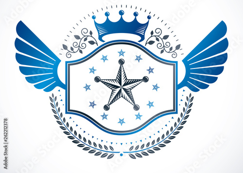 Heraldic sign made with vector elements, heraldry insignia created using monarch crown, pentagonal stars and laurel wreath