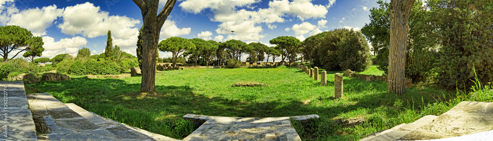 Amazing view from the Cibele Sanctuary with a view of the Campo della Magna Mater in the archaeological excavations of Ostia Antica - Rome