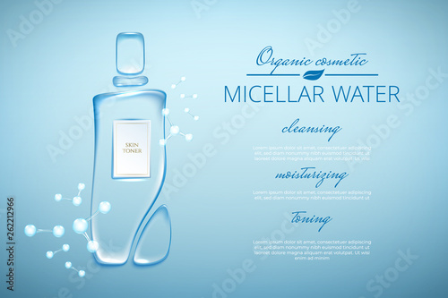 Original advertising poster design with water drops and liquid packaging silhouette for catalog, magazine. Cosmetic package.Moisturizing toner, micellar water hyaluronic acid