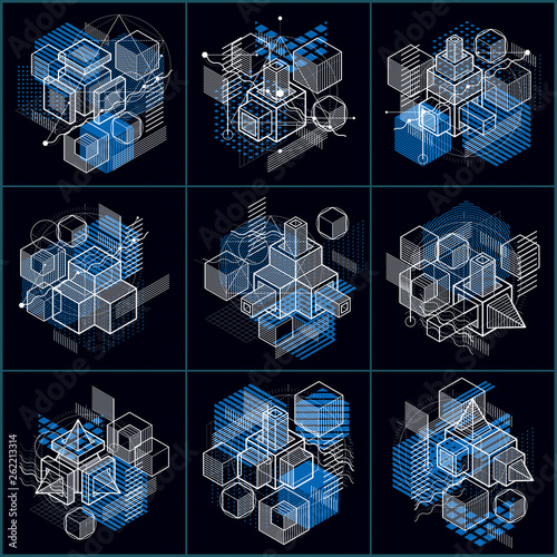 3d abstract vector isometric backgrounds. Layouts of cubes, hexagons, squares, rectangles and different abstract elements. Vector collection.