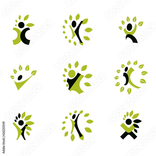 Vector illustrations set, excited abstract person with raised hands up. Restoring to health conceptual vector logo.