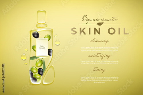 Original advertising poster design with water drops and liquid packaging silhouette for catalog, magazine. Olove oil cosmetic package.Bady olive oil ads photo