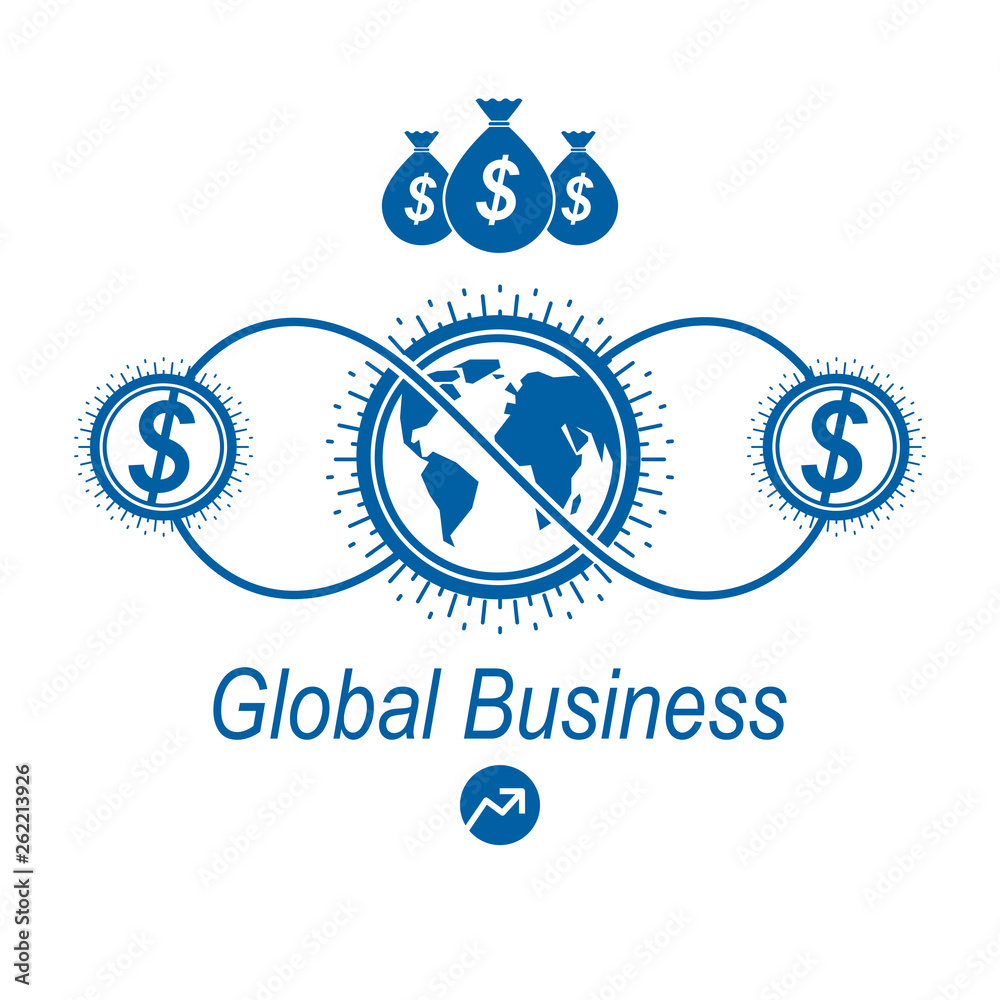 Global Business and E-Business creative logo, unique vector symbol created with different elements. Global Financial System. World Economy.