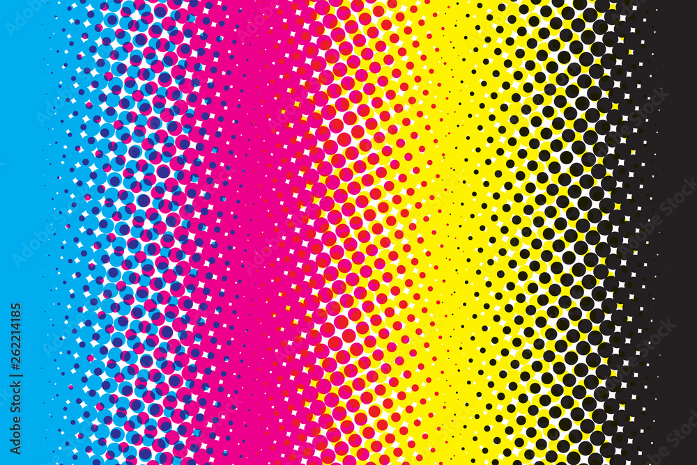 Abstract CMYK color mode structure in form of gradient with color halftone  filter. Background for poster for graphic design learners. Structure of  Cyan Magenta Yellow Black scheme print on paper Stock Photo