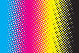 Abstract CMYK color mode structure in form of gradient with color halftone filter. Background for poster for graphic design learners. Structure of Cyan Magenta Yellow Black scheme print on paper