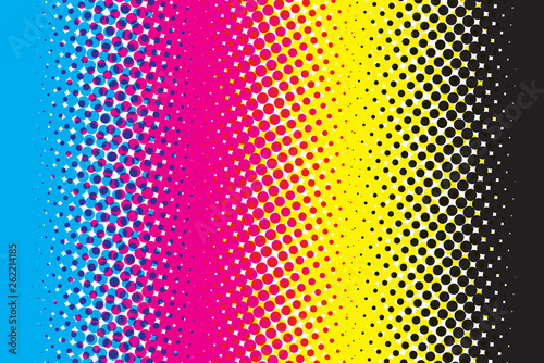 Abstract CMYK color mode structure in form of gradient with color halftone filter. Background for poster for graphic design learners. Structure of Cyan Magenta Yellow Black scheme print on paper photo