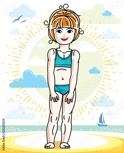 Little redhead girl cute child toddler standing on beach in colorful swimsuit. Vector pretty nice human illustration. Summertime and vacation theme.