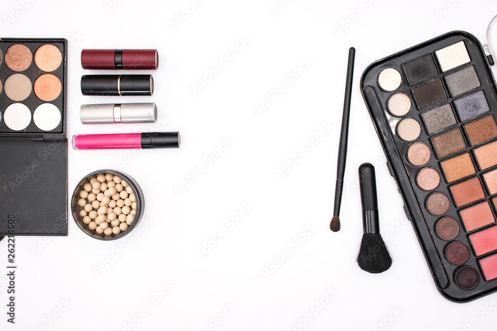 Make up products and woman's accessories on the white background Make up products and woman's accessories on the white background
