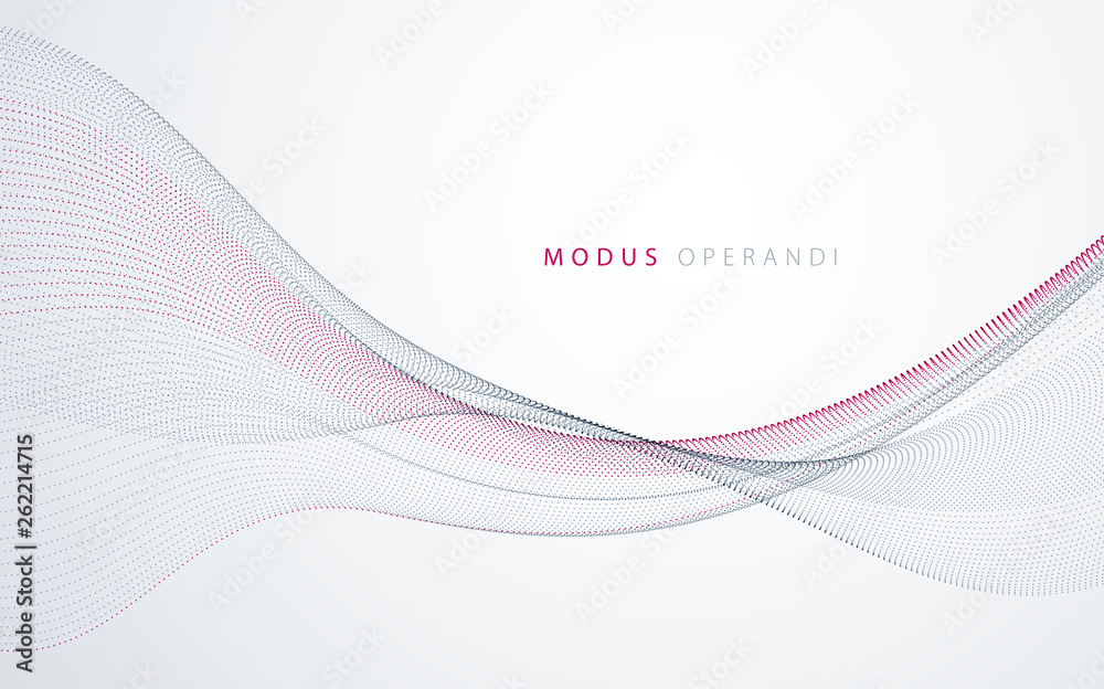 Flowing particles wave, dynamic sound motion curve lines. 3d vector illustration. Beautiful wave shaped array of blended points. Flowing particles wave, dynamic sound motion curve lines. 3d vector illustration. Beautiful wave shaped array of blended points.