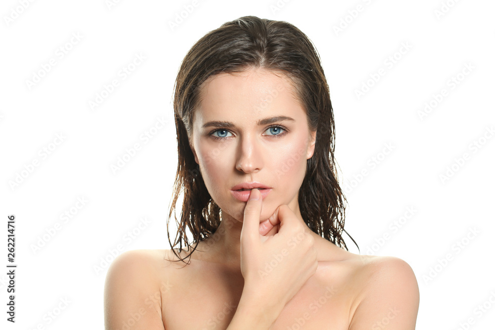 Perfect woman with natural clear skin after bath isolated on white Perfect woman with natural clear skin after bath isolated on white