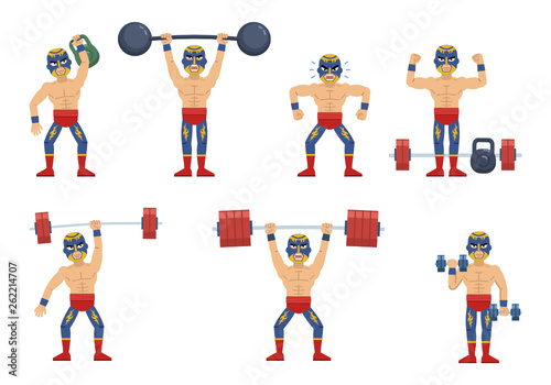 Set of luchador characters working out at the gym. Cheerful wrestler lifting kettlebell, barbell, dumbbells. Training session, weight lifting. Flat style vector illustration