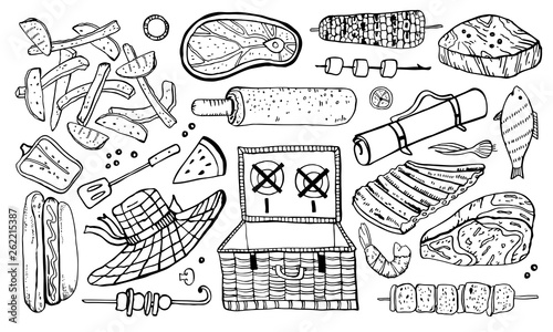Picnic and barbecue objects set. Outline hand drawn vector sketch illustration isolated black on white background