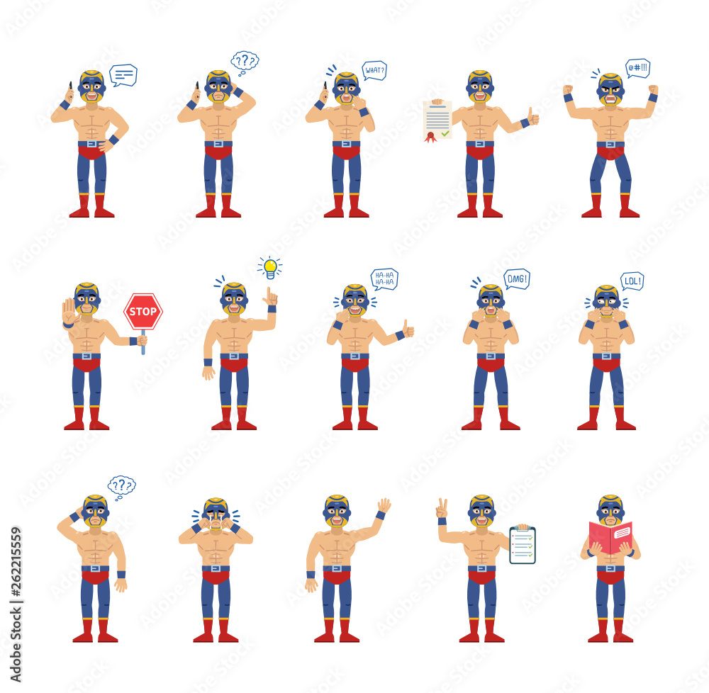 Set of luchador characters showing different actions, gestures, emotions. Cheerful wrestler talking on phone, holding stop sign, document, book and doing other actions. Simple vector illustration
