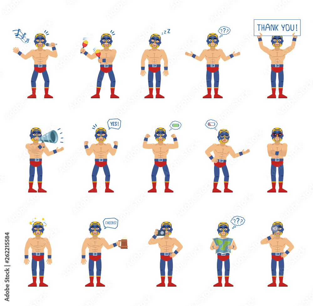 Set of luchador characters showing different actions, gestures, emotions. Cheerful wrestler singing, sleeping, holding loudspeaker, banner, map and doing other actions. Simple vector illustration