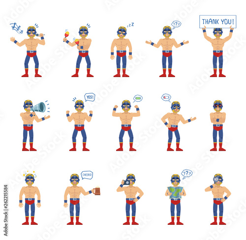 Set of luchador characters showing different actions, gestures, emotions. Cheerful wrestler singing, sleeping, holding loudspeaker, banner, map and doing other actions. Simple vector illustration