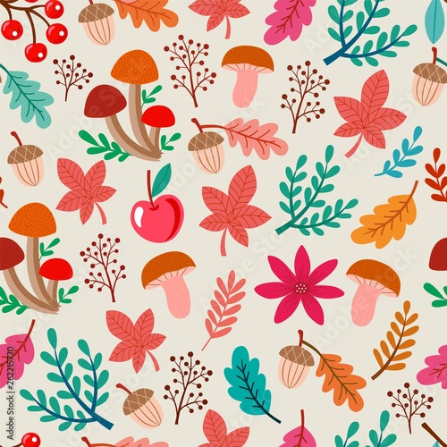 Autumn seamless pattern with mushrooms and leaves. Vector background