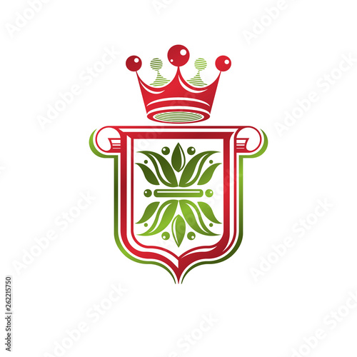 Vintage heraldic emblem created with monarch crown and lily flower royal symbol. Best quality product symbol, organic food theme illustration, guard shield made with cartouche.