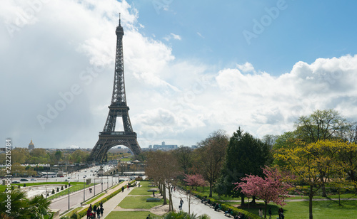 view of Eiffel Tower from Trocadero against a cloudy sky © bigguns