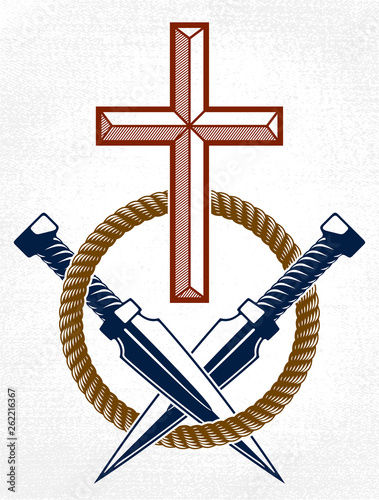 Criminal gangster dramatic emblem or logo with Christian Cross symbolizing death, vector vintage style tattoo, rebel rioter partisan and revolutionary.