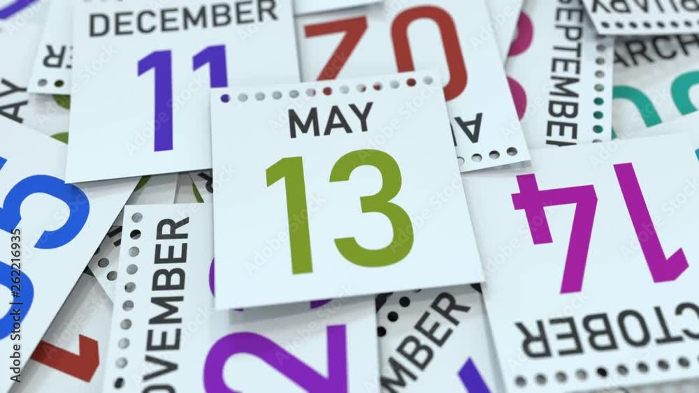 May 13 date on calendar page. 3D animation May 13 date on calendar page. 3D animation