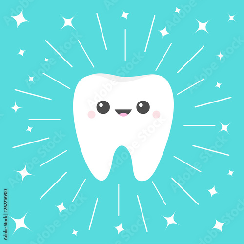 Healthy white tooth icon. Cute cartoon kawaii smiling funny face character. Round line circle. Oral dental hygiene. Children teeth care. Shining effect sparkle stars. Flat design. Blue background.