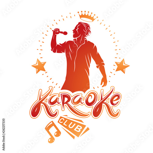 Karaoke club flyers vector cover design created using musical notes, stars and soloist singing to microphone. Emcee show advertising poster