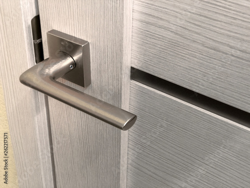 Silver door handle close up. Closed gray door.
