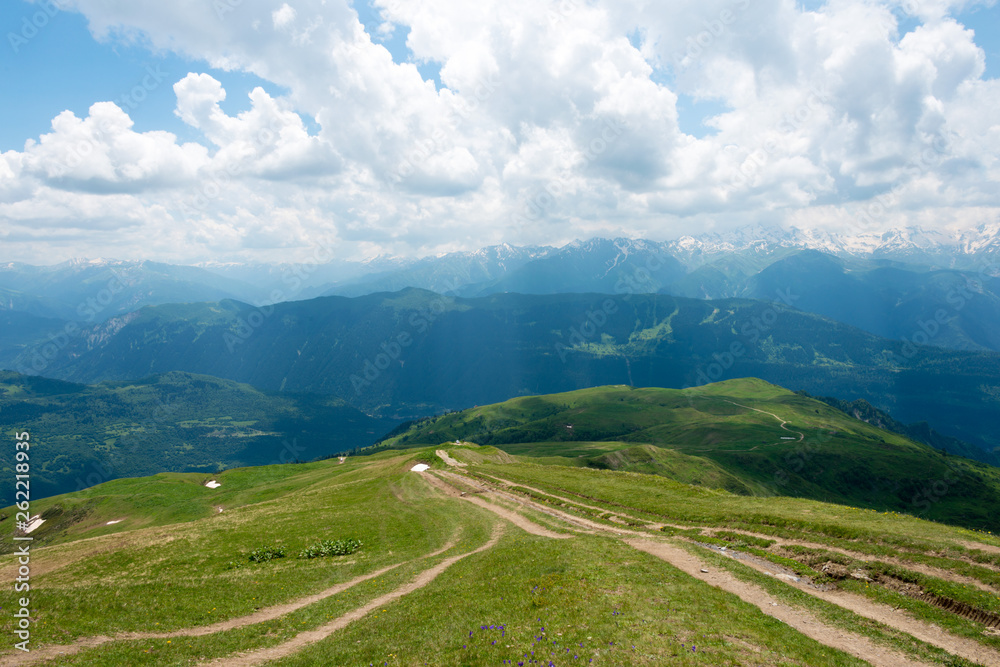 Mestia, Georgia - Jun 25 2018: Hiking trail leading from Mestia to Koruldi lakes. a famous landscape in Mestia, Samegrelo-Zemo Svaneti, Georgia.