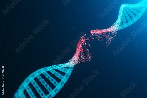 3D illustration Virus DNA molecule, structure. Concept destroyed code human genome. Damage DNA molecule. Helix consisting particle, dots. DNA destruction due to gene mutation or experiment.