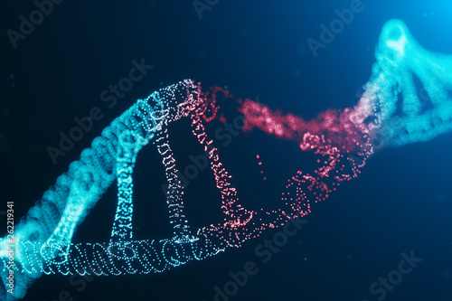 3D illustration Virus DNA molecule, structure. Concept destroyed code human genome. Damage DNA molecule. Helix consisting particle, dots. DNA destruction due to gene mutation or experiment.