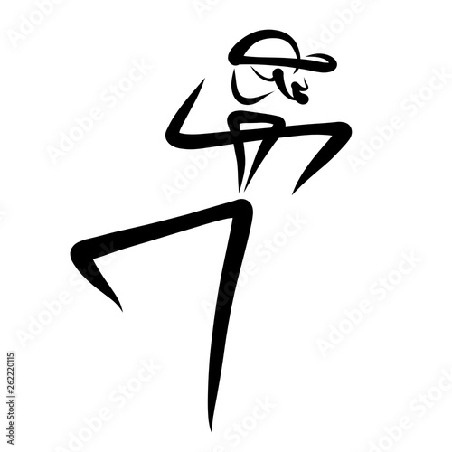 A boy in a cap is dancing or playing sports, a black abstract pattern
