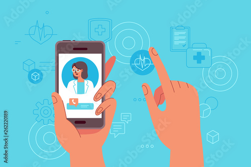 Vector illustration in simple flat style - online and tele medicine concept