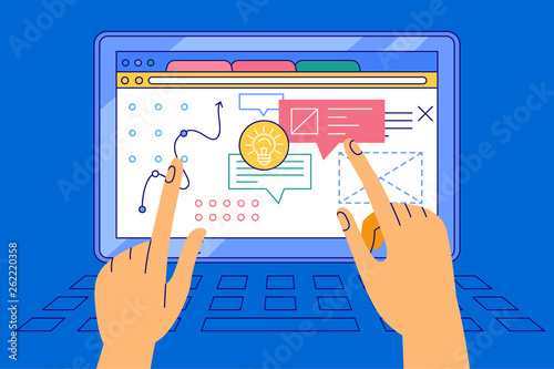 Vector illustration in simple flat style with hands and abstract user interface - teamwork and collaboration concept - tuning and developing app for business