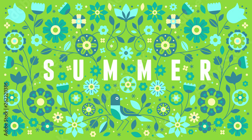 Vector horizontal banner with illustration with text summer in simple flat geometric and linear style in bright colors