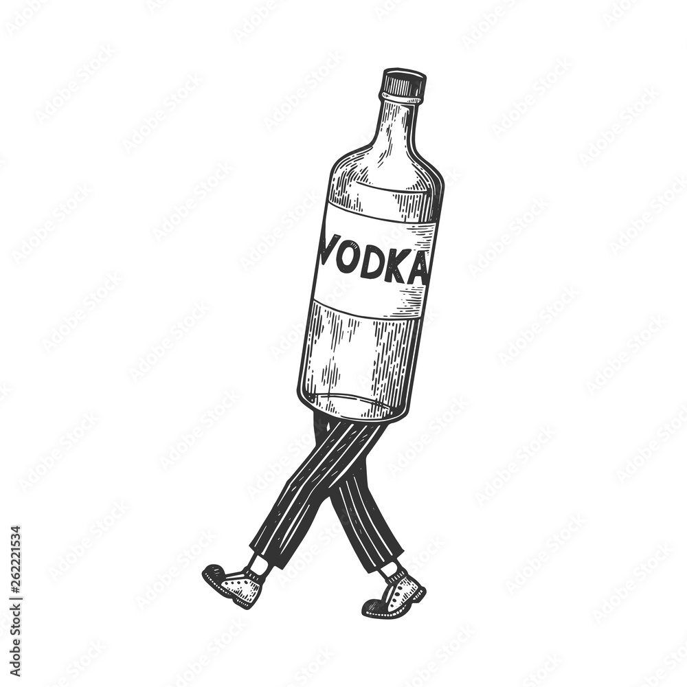Vodka alcohol bottle walks on its feet sketch engraving vector