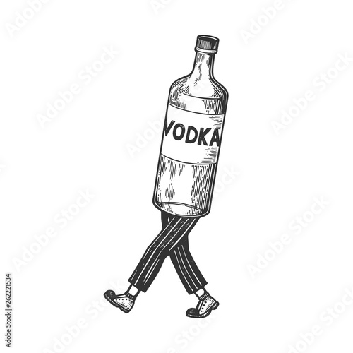 Vodka alcohol bottle walks on its feet sketch engraving vector illustration. Scratch board style imitation. Black and white hand drawn image.