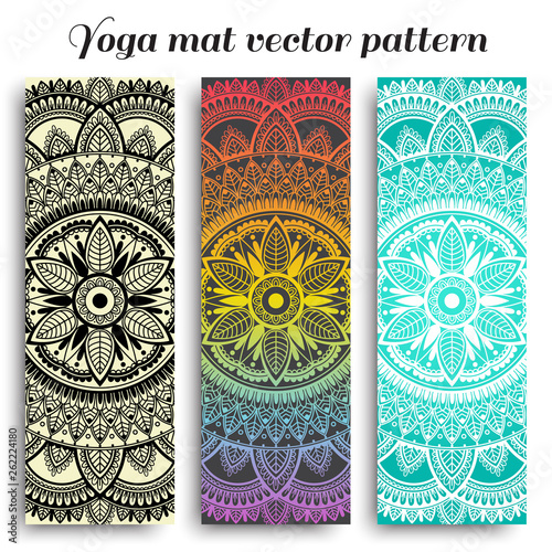 Set of yoga mats with ethnic designs. Turquoise, rainbow gradient and black vector pattern with mandala.