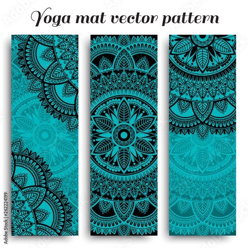 Set of yoga mats with ethnic designs. Turquoise, blue and black vector pattern with mandala.