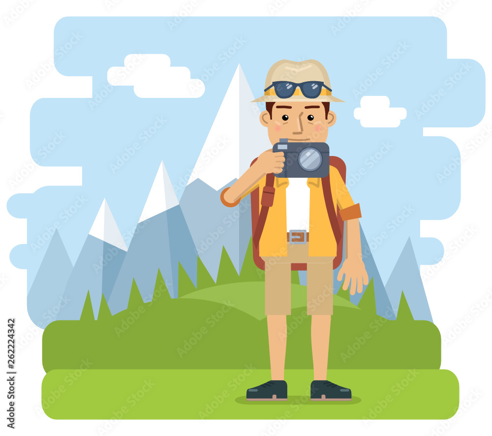 Illustration of a tourist with a photo camera. Traveler, hiker isolated on mountain landscape. Flat style vector illustration Illustration of a tourist with a photo camera. Traveler, hiker isolated on mountain landscape. Flat style vector illustration