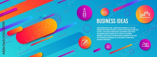 Header banner. Growth chart, Beer and Keywords icons simple set. Candlestick graph, Web shop and Online education signs. Upper arrows, Pub alcohol. Business set. Line growth chart icon. Vector