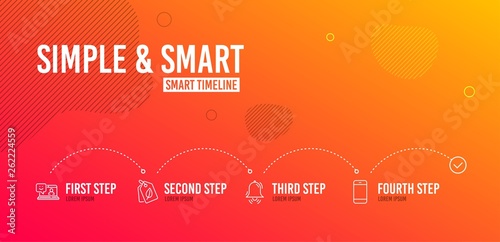 Infographic timeline. Smile, Bio tags and Clock bell icons simple set. Smartphone sign. Laptop feedback, Leaf, Alarm. Cellphone or phone. Business set. 4 steps layout. Line smile icon. Vector