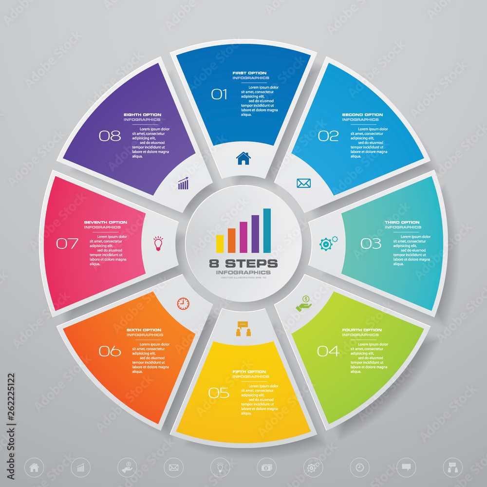8 steps cycle chart infographics elements for data presentation. EPS 10. 8 steps cycle chart infographics elements for data presentation. EPS 10.